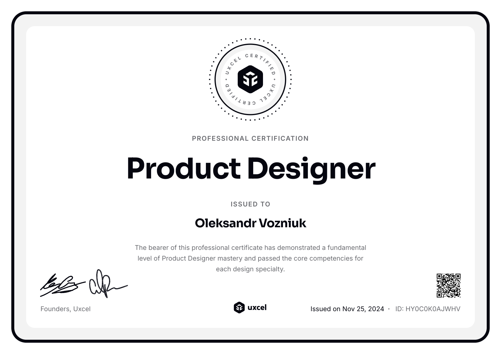 Oleksandr Vozniuk's certificate